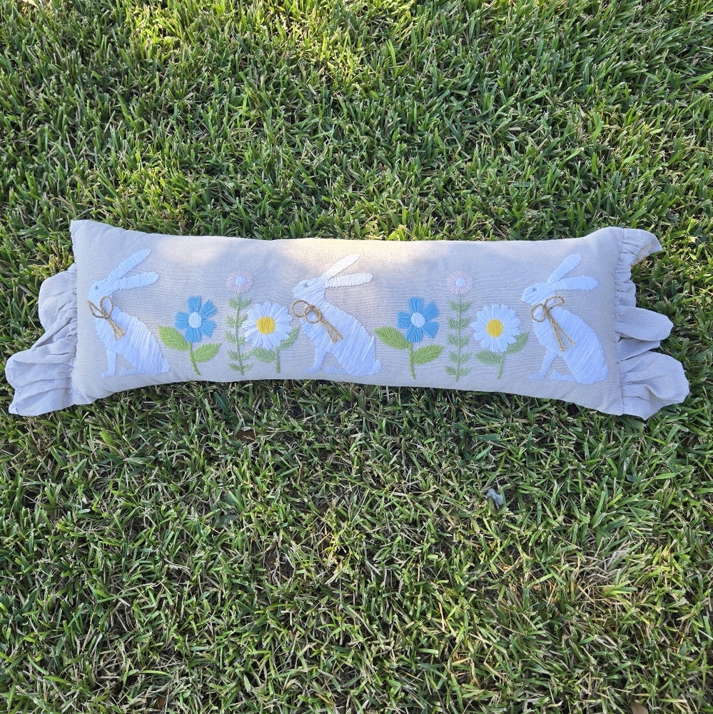 Embroidered Easter Bunny Pillow long lumbar style pillow Spring Accent Pillow - Picture 6 of 10